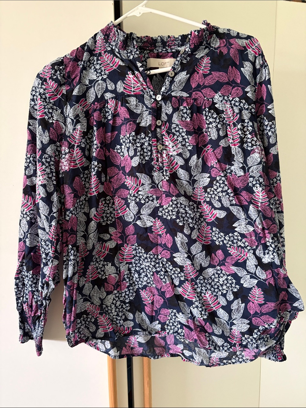 LOFT Navy Floral Leaf Print Long-Sleeve Blouse with Pink & White Accents